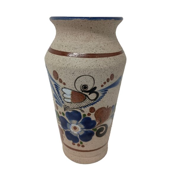 VTG Tonala Pottery Stoneware Hand Painted Floral Bird Vase Mexican Folk Art - Picture 1 of 9